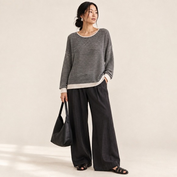 Eileen Fisher Tops - Eileen Fisher Organic Linen Cotton Tunic Sweater Black White Striped Medium